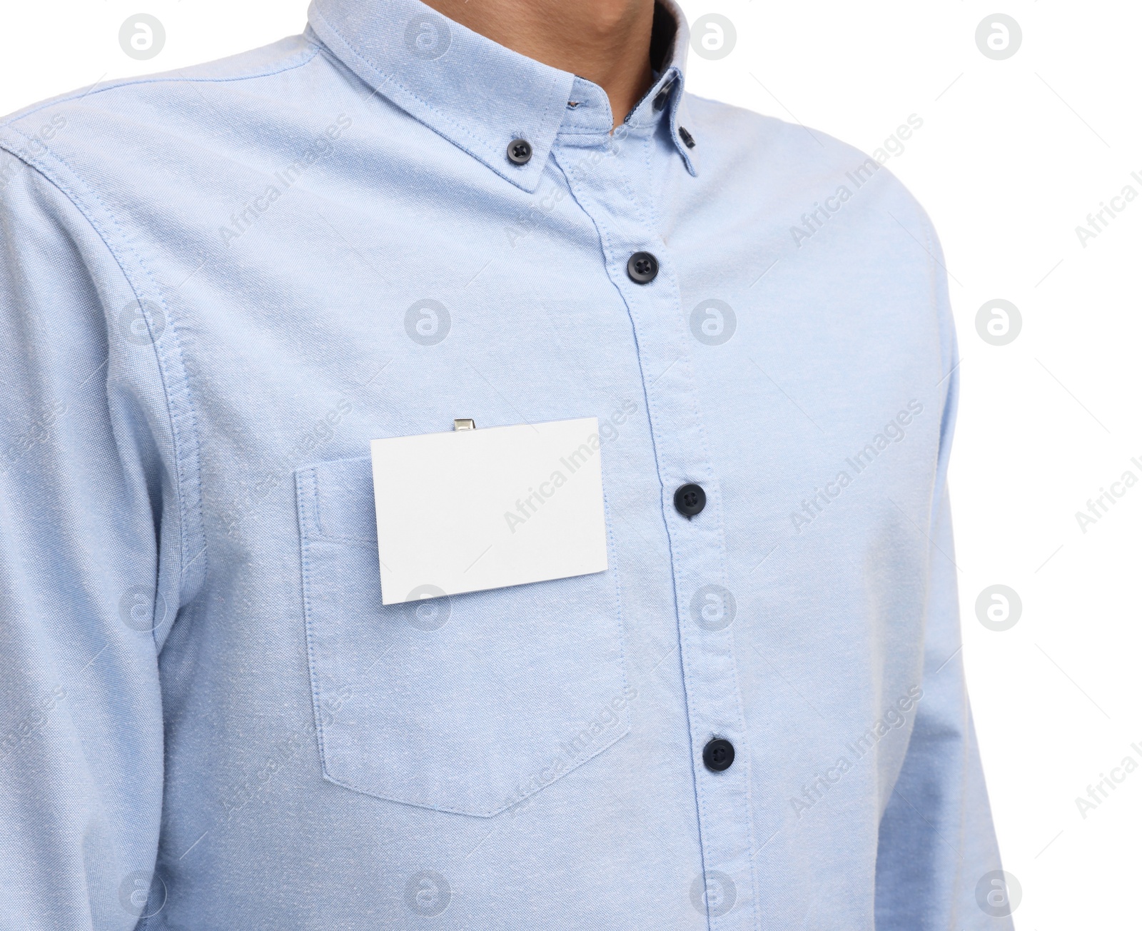 Photo of Man with blank badge on white background, closeup