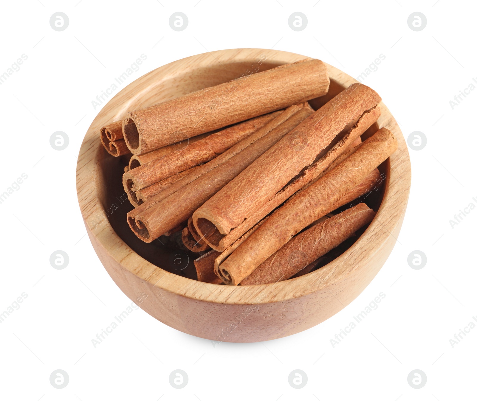 Photo of Cinnamon sticks in bowl isolated on white