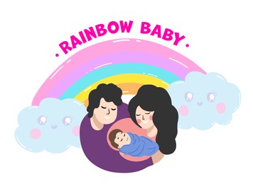 Illustration of National Rainbow Baby Day card. Happy family with little child, rainbow and cute clouds on white background, illustration