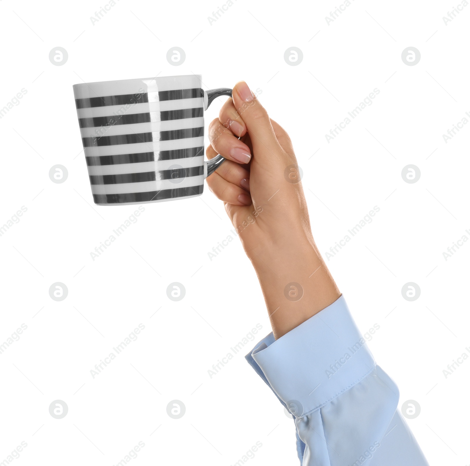 Photo of Woman holding elegant cup on white background, closeup