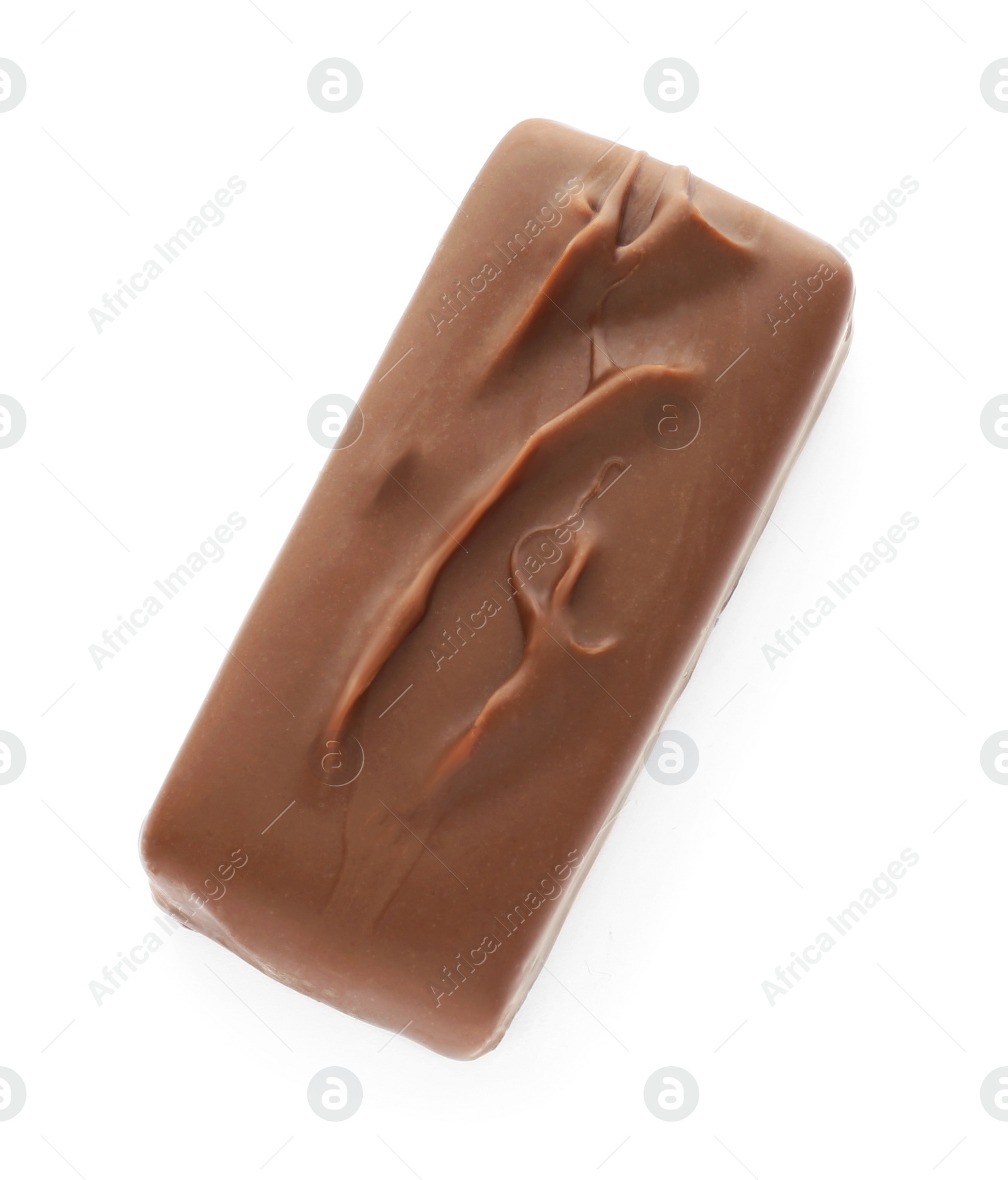 Photo of Tasty chocolate bar isolated on white, top view