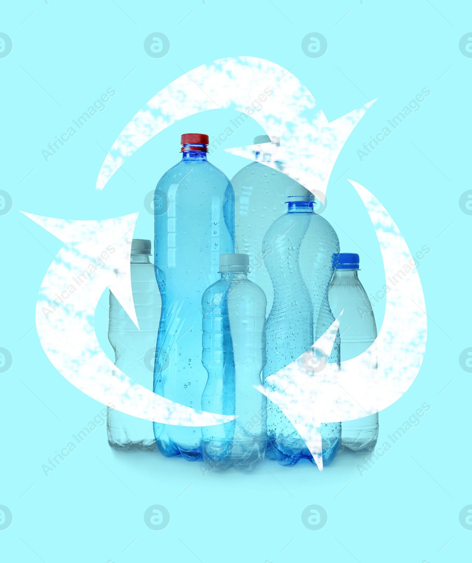 Image of Illustration of recycling symbol and empty plastic bottles on turquoise background