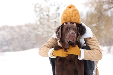Photo of Woman with adorable Labrador Retriever dog in snowy park, space for text