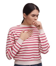 Photo of Woman coughing on white background. Cold symptoms