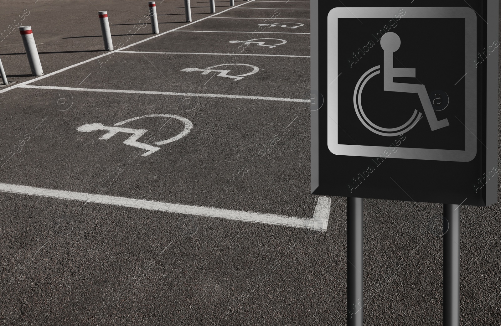 Image of Sign with wheelchair symbol near car parking, space for text 