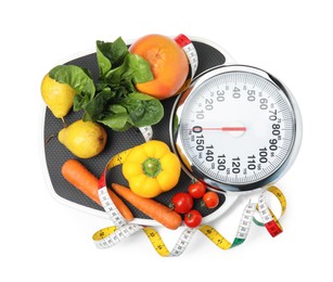 Photo of Scales, healthy food and measuring tape on white background, top view