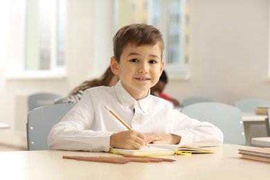 Portrait of smiling little boy studying in classroom at school