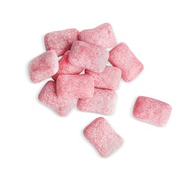 Heap of tasty sweet chewing gums on white background, top view