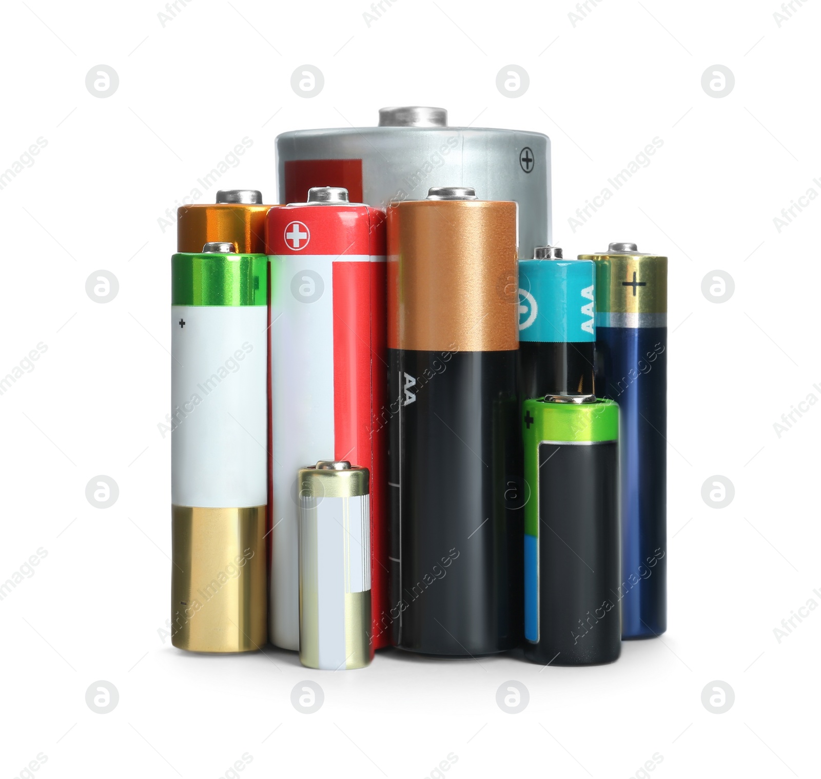 Image of Many batteries of different types on white background