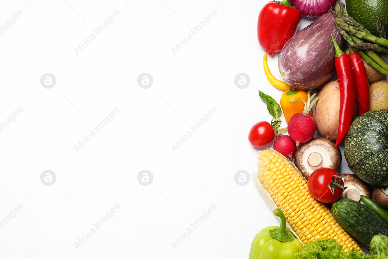 Photo of Flat lay composition with fresh vegetables on white background. Space for text