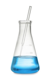 Photo of Conical flask with light blue liquid isolated on white