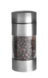 Photo of Grinder with black peppercorns isolated on white