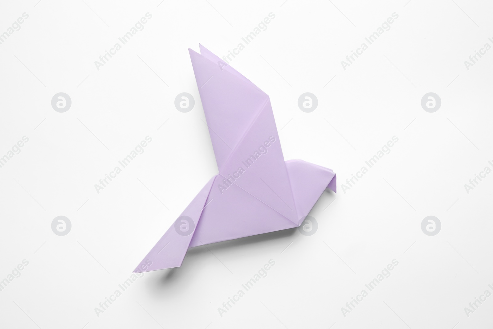 Photo of Beautiful origami bird on white background, top view