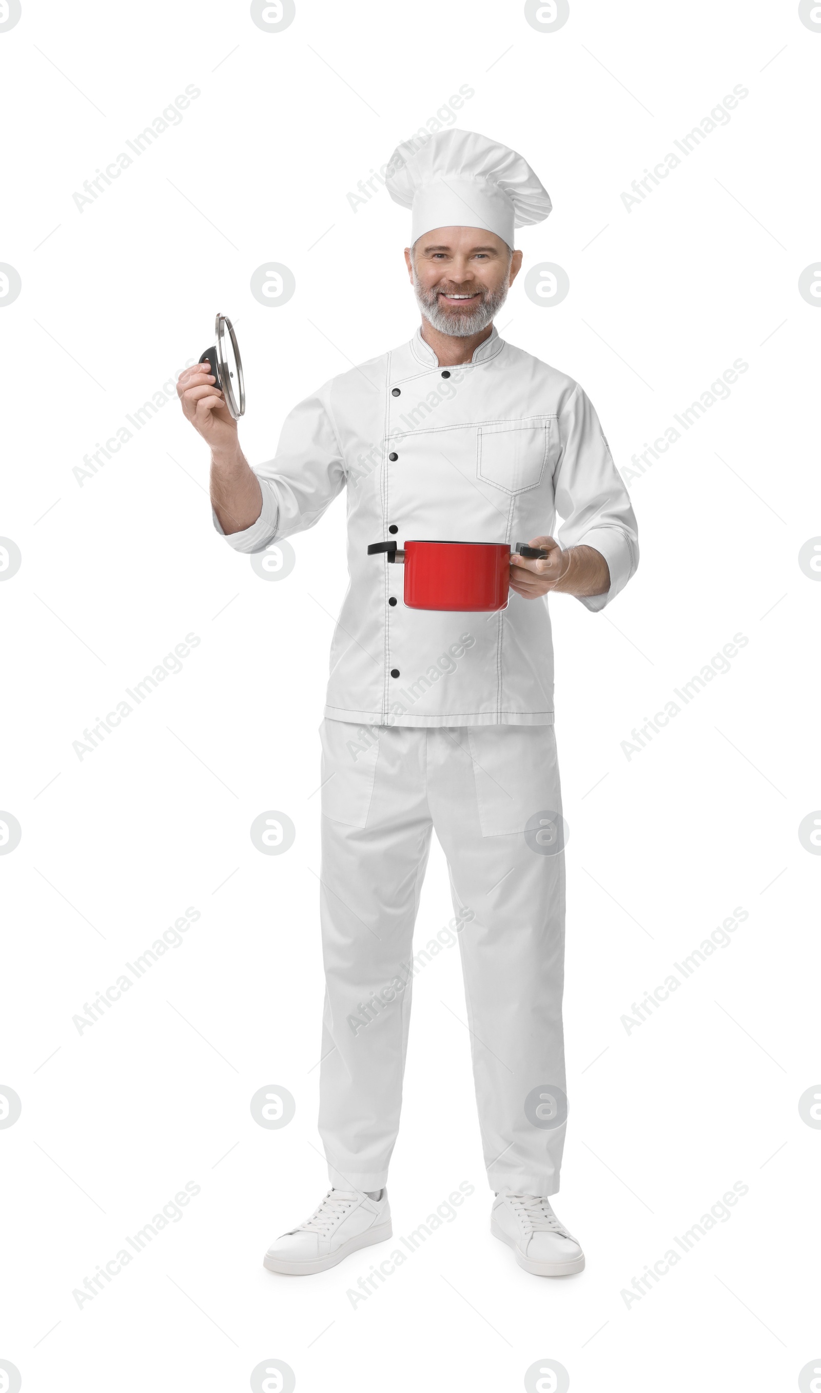 Photo of Happy chef in uniform with cooking pot on white background