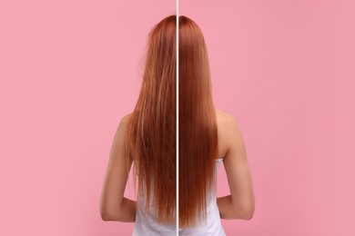 Image of Photo of woman divided into halves before and after hair treatment on pink background, back view