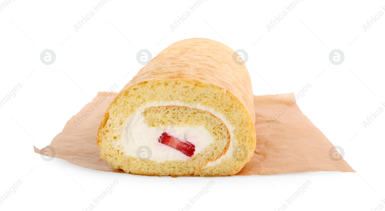 Photo of Delicious sponge cake roll with strawberries and cream isolated on white