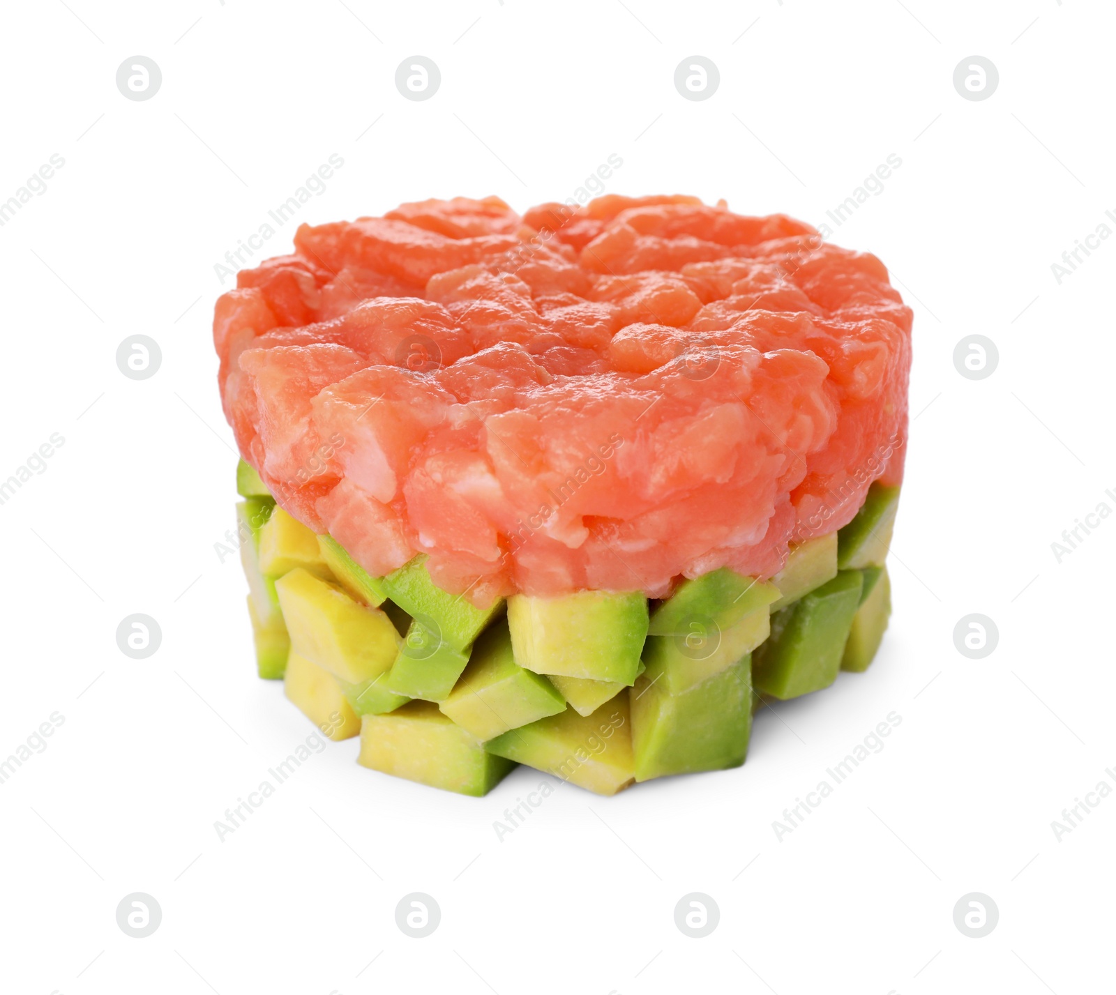 Photo of Fresh tasty salmon tartare with avocado isolated on white