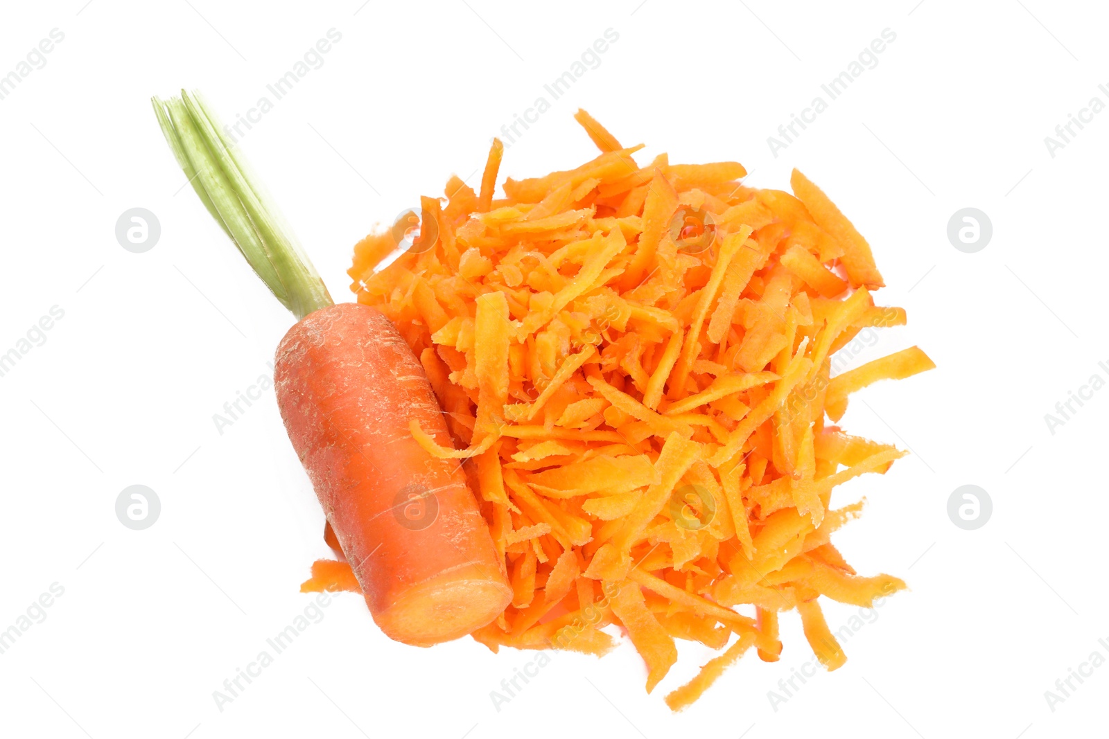 Photo of Tasty ripe grated carrot on white background