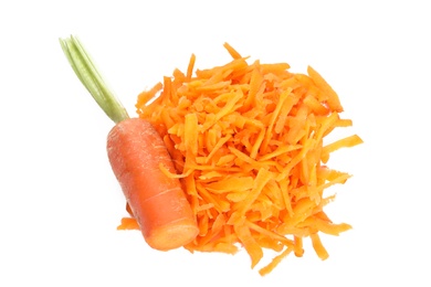 Photo of Tasty ripe grated carrot on white background