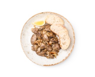 Photo of Tasty fried chicken liver served with lemon and bread isolated on white, top view