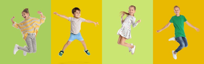 Group of children jumping on color backgrounds, set of photos