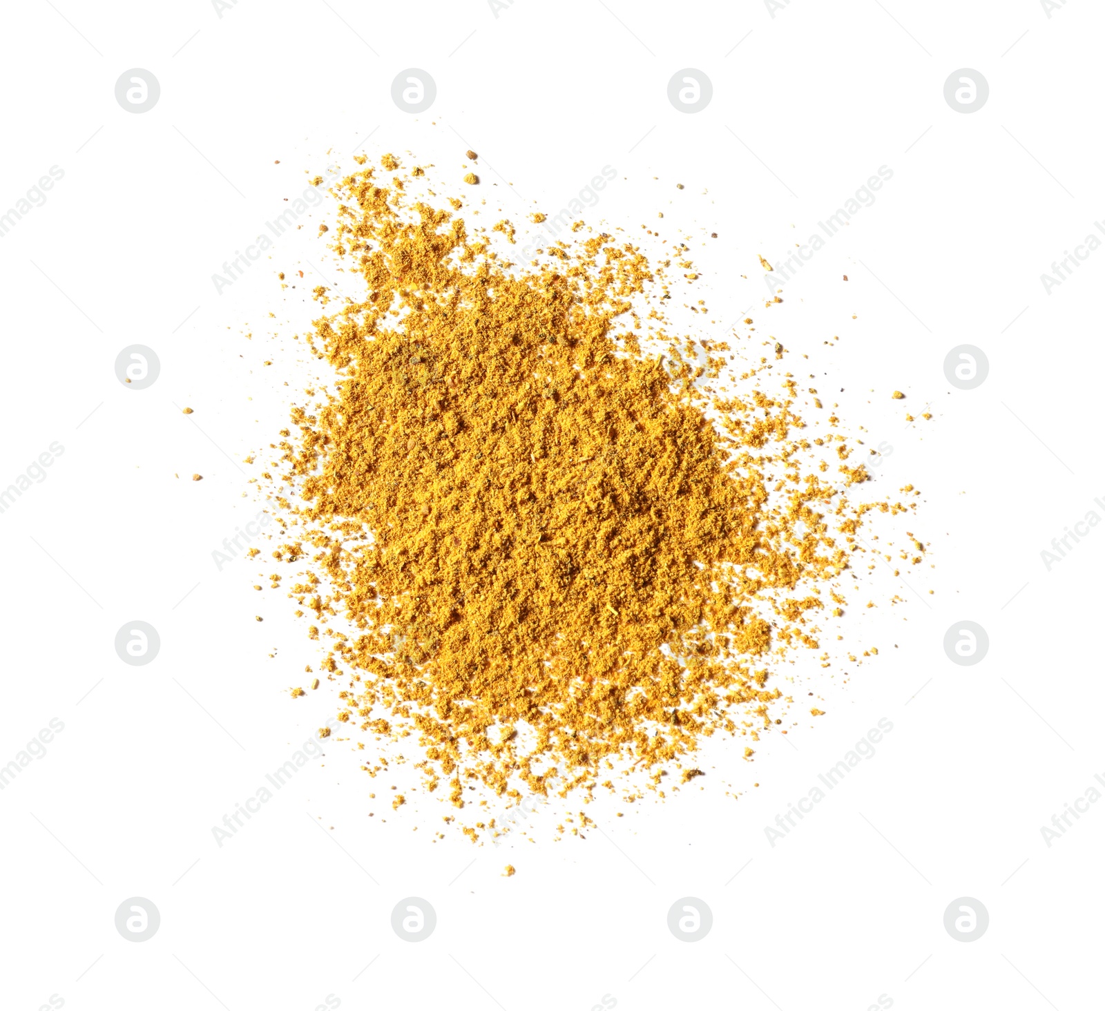 Photo of Dry curry powder isolated on white, top view