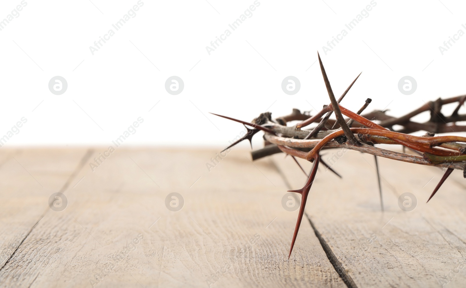 Photo of Crown of thorns on wooden table against white background, closeup with space for text. Easter attribute