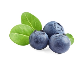 Fresh raw tasty blueberries with leaves isolated on white