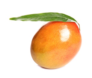 Delicious ripe mango on white background. Tropical fruit