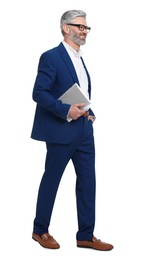 Mature businessman in stylish clothes with tablet on white background