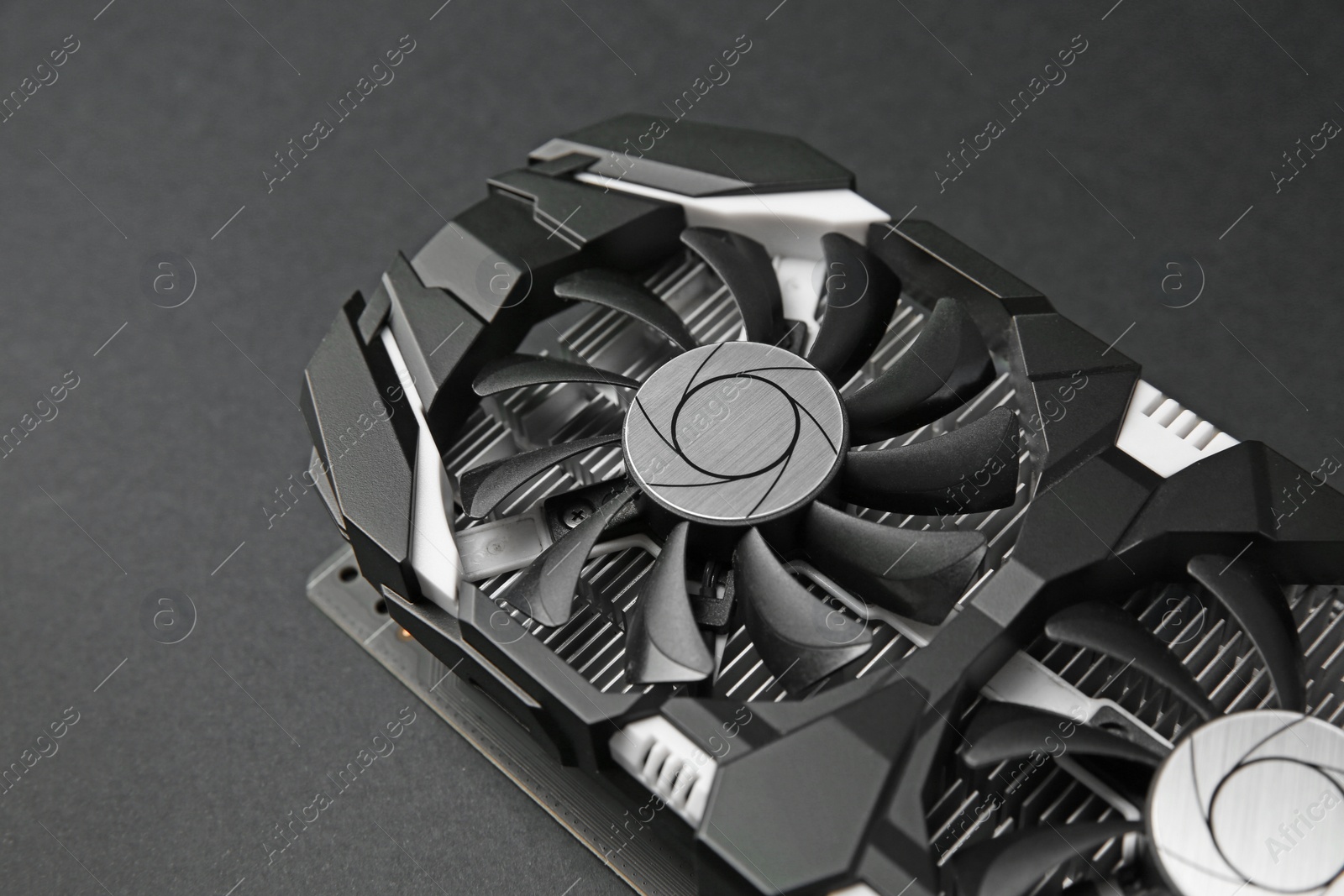 Photo of Computer graphics card on black background, closeup