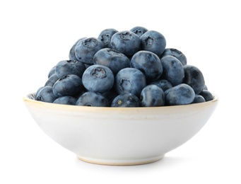 Photo of Bowl full of fresh ripe blueberries on white background