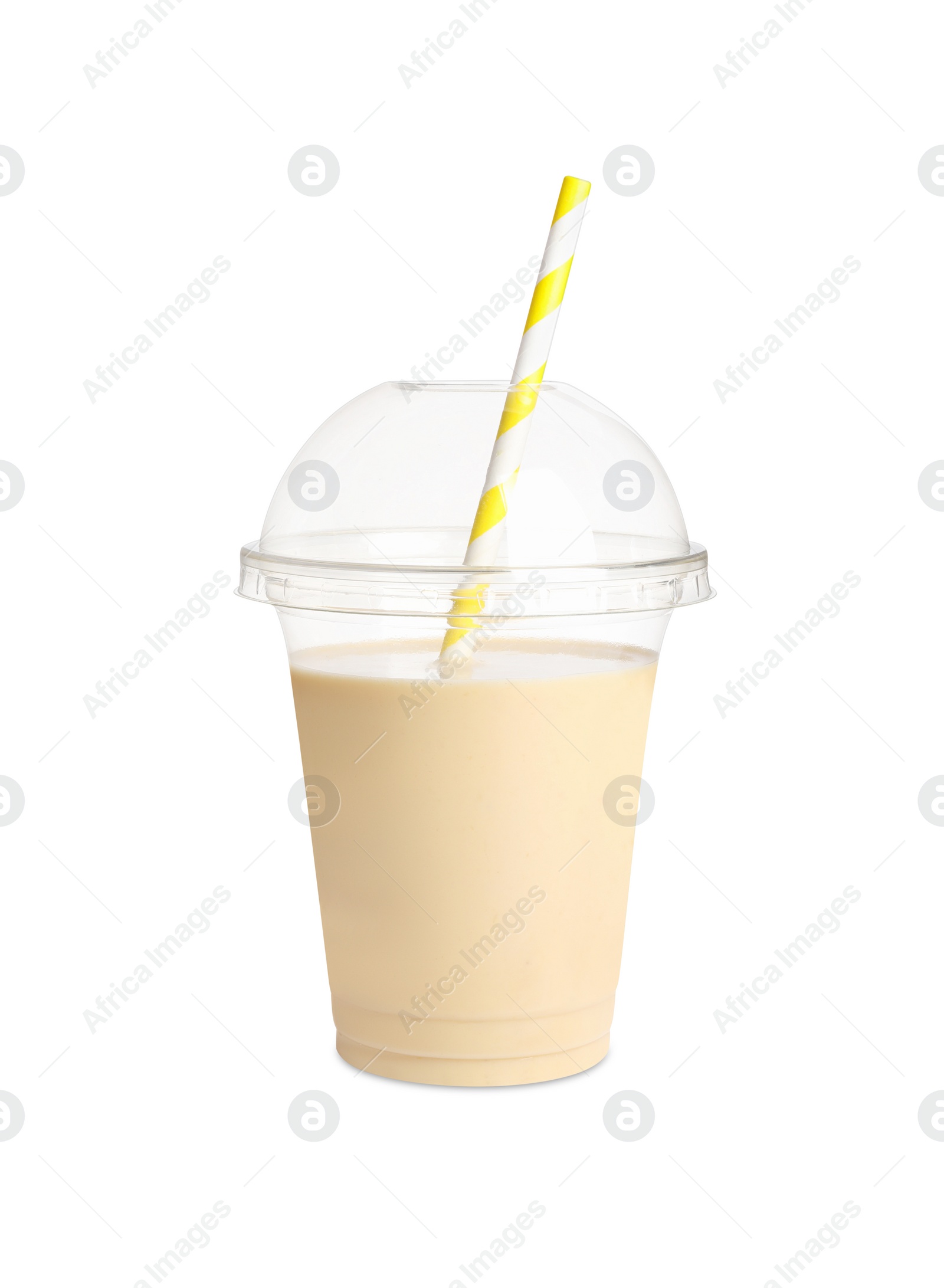 Photo of Plastic cup of tasty banana smoothie on white background