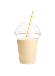 Plastic cup of tasty banana smoothie on white background