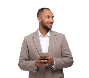 Photo of Happy man sending message via smartphone on white background