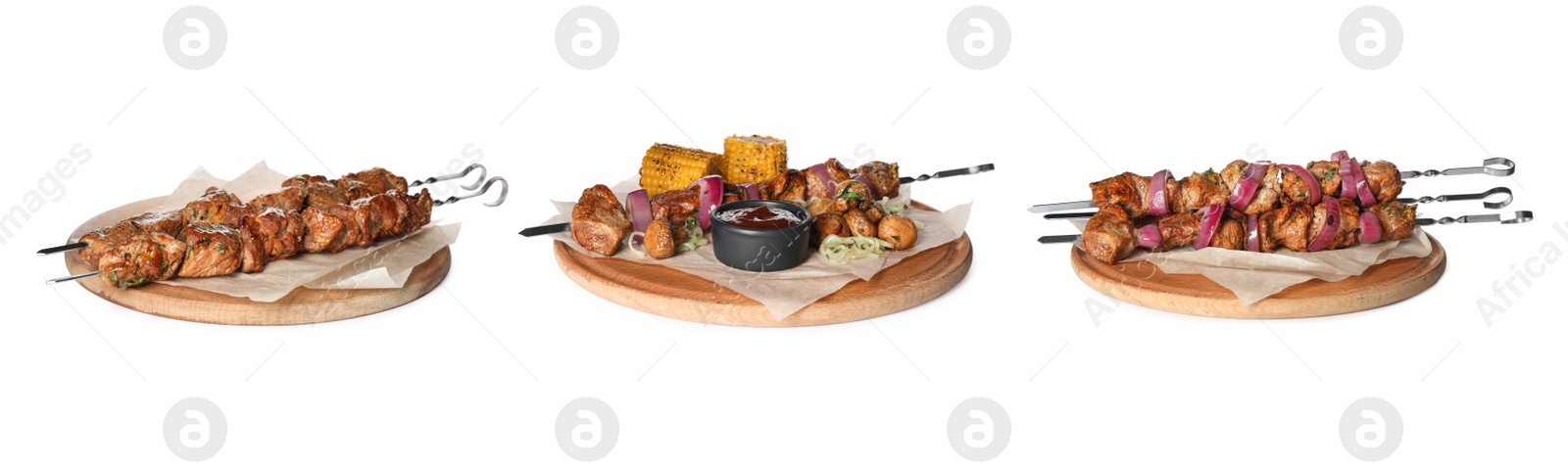 Image of Metal skewers with delicious meat on white background, collage