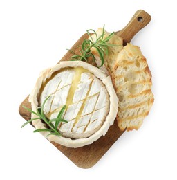 Photo of Wooden board with tasty baked brie cheese, bread and rosemary isolated on white, top view