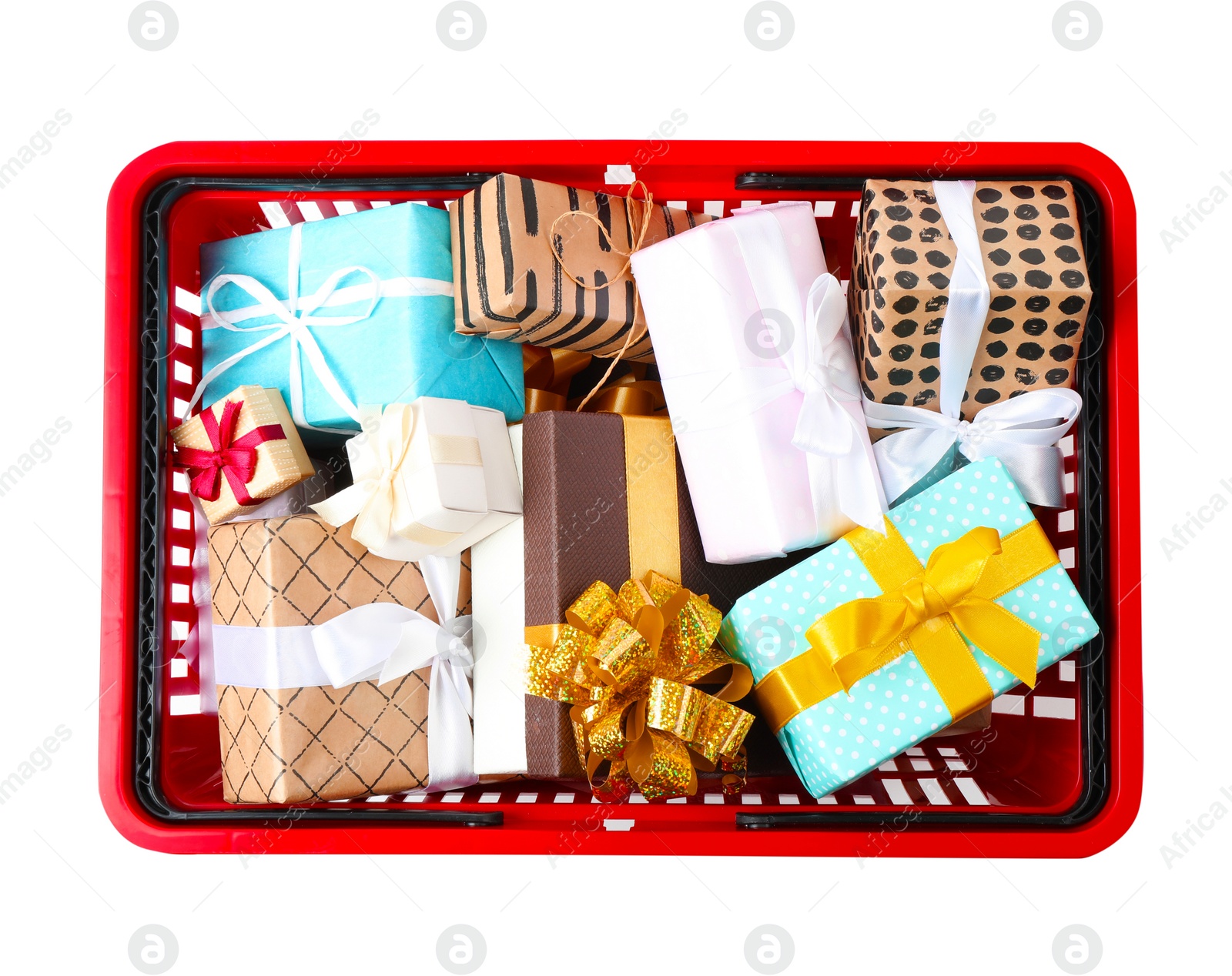 Photo of Shopping basket full of gift boxes on white background, top view