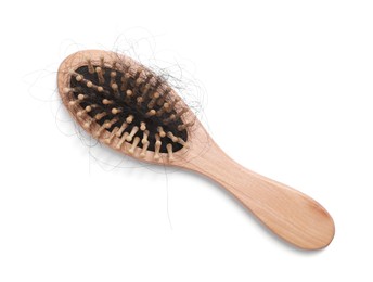 Wooden brush with lost hair on white background, top view
