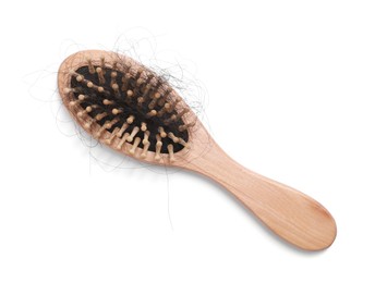 Photo of Wooden brush with lost hair on white background, top view