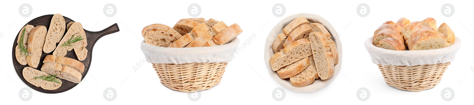 Image of Set with fresh delicious ciabattas on white background. Banner design