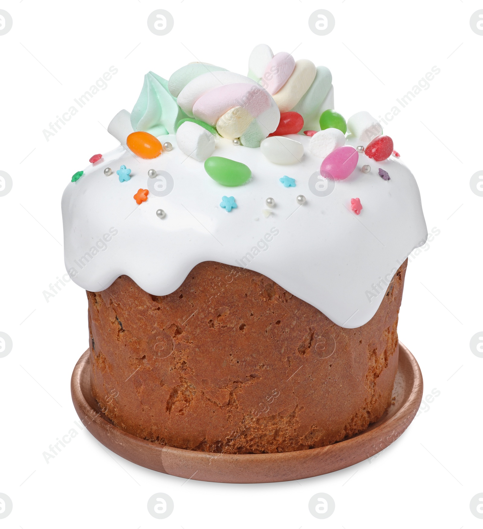 Photo of Traditional Easter cake decorated with sprinkles, jelly beans and marshmallows isolated on white