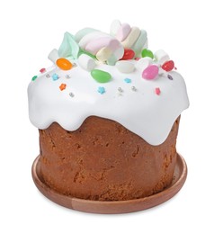 Traditional Easter cake decorated with sprinkles, jelly beans and marshmallows isolated on white