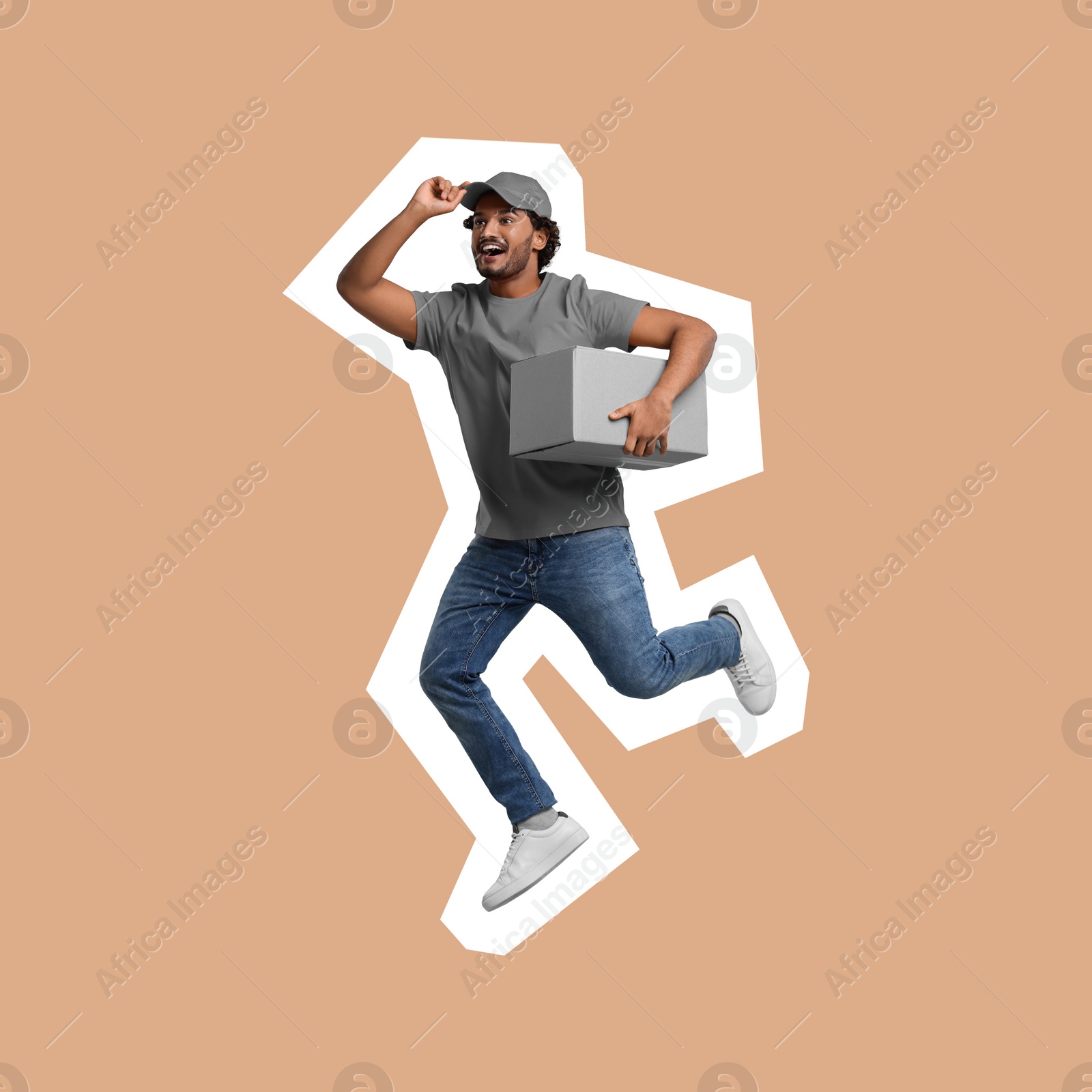 Image of Surprised courier with parcel jumping on beige background