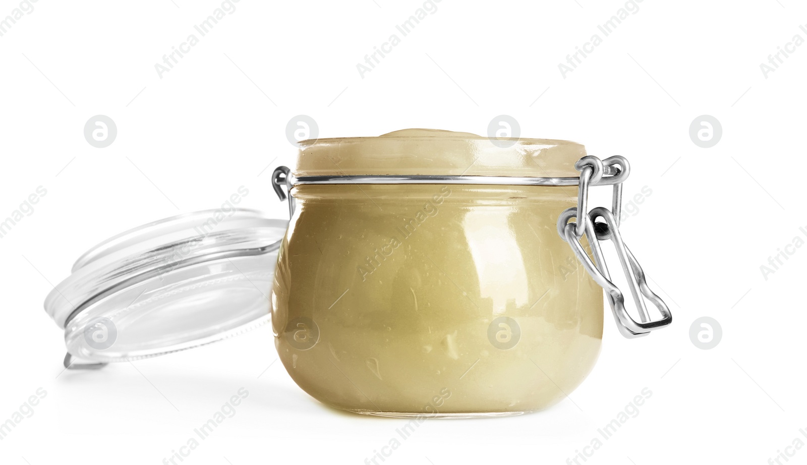 Photo of Jar with hemp lotion on white background