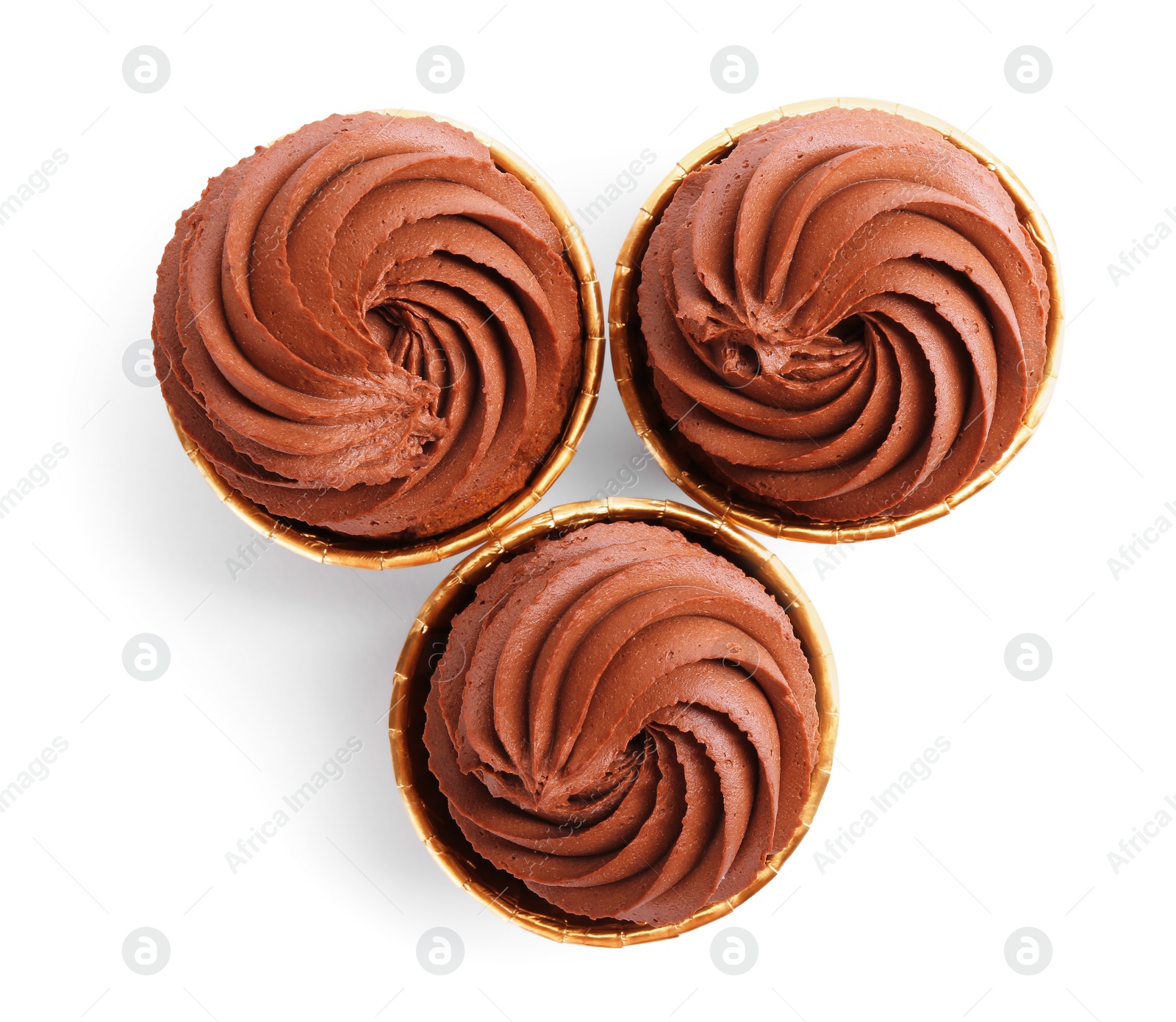 Photo of Delicious chocolate cupcakes isolated on white, top view