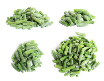 Image of Set of frozen green beans on white background. Vegetable preservation