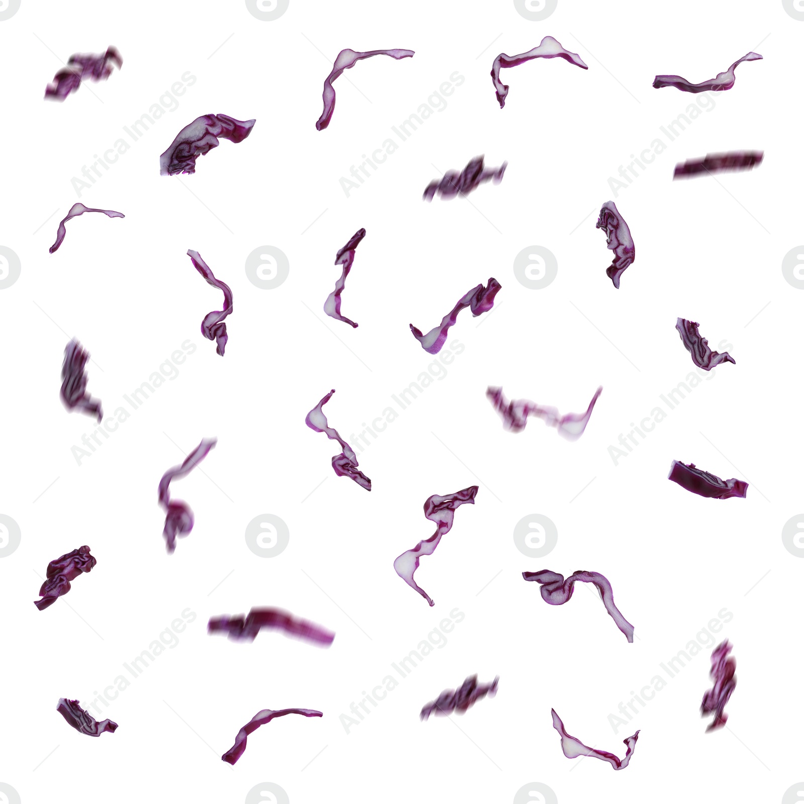 Image of Set  with falling fresh pieces of red cabbage on white background