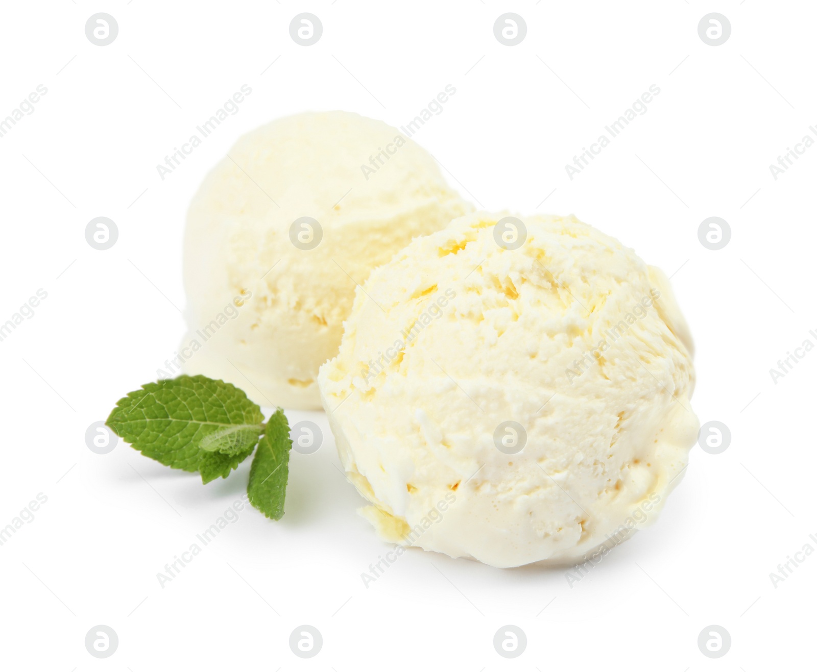 Photo of balls of delicious vanilla ice cream and mint on white background