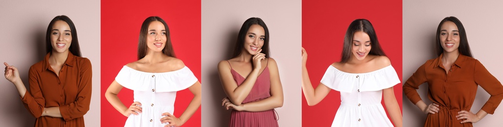 Image of Collage with photos of young woman wearing different dresses on bright backgrounds